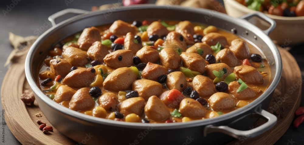 Raisins floating in a savory chicken curry with aromatic spices, chicken in curry, savory flavors Raisins floating in a savory chicken curry with aromatic spices, chicken in curry, savory flavors