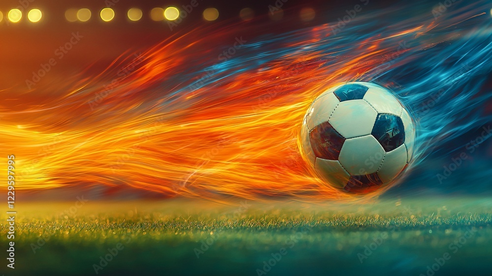 Naklejka premium Fiery soccer ball speeding across stadium grass