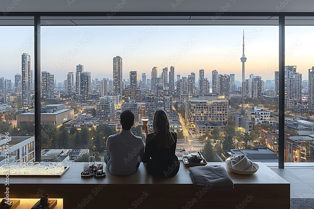 Obraz premium Romantic couple enjoying city skyline view from luxury apartment at sunset. Stylish interior design, perfect for travel, real estate, or lifestyle marketing.