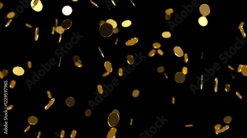 Golden coins falling on the black background. 3d render 4K loop animation.