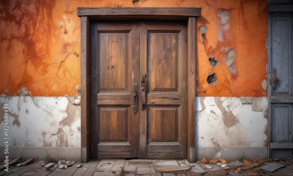 Fototapeta premium Decaying old wooden door in a abandoned house, hinges, black, handle
