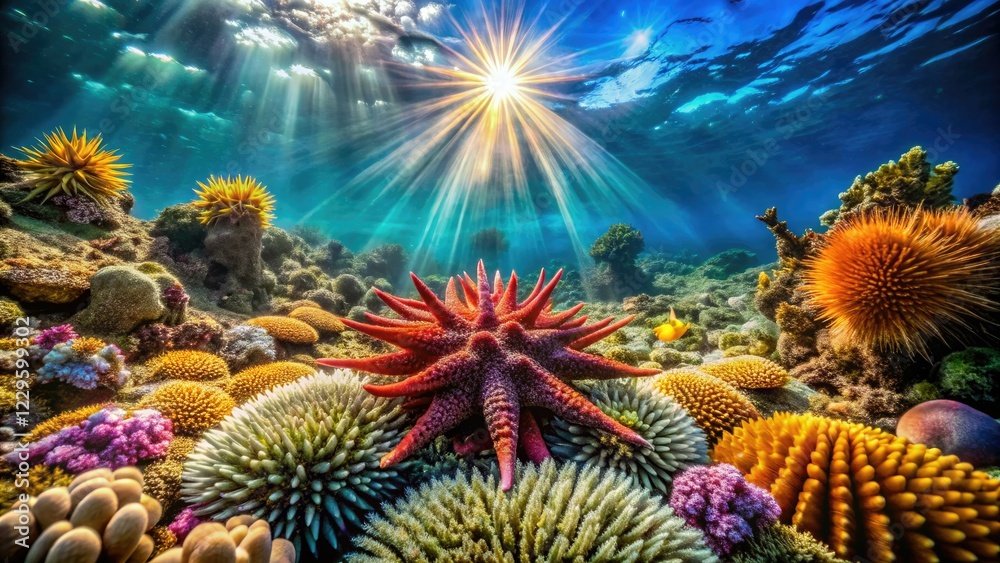 Breathtaking crown-of-thorns starfish grace vibrant ocean reef seascapes. Breathtaking crown-of-thorns starfish grace vibrant ocean reef seascapes.