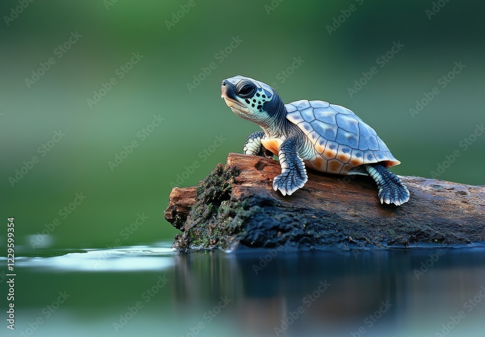 Obraz premium Beautiful Turtle Resting on a Log by a Calm Water Surface in a Serene Natural Environment with Lush Green Background and Soft Reflections