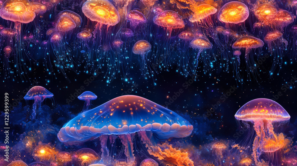 Fototapeta premium Colorful jellyfish swim gracefully in a deep ocean environment filled with vibrant aquatic life