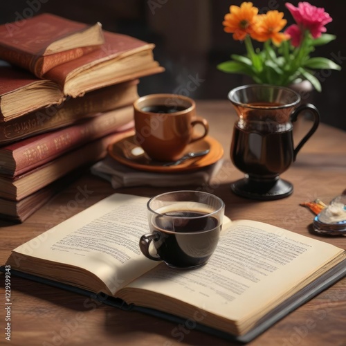 rich and fragrant coffee in a small cezve glass beside an open and colorful book with its cover slightly ajar , beverage, drink photo