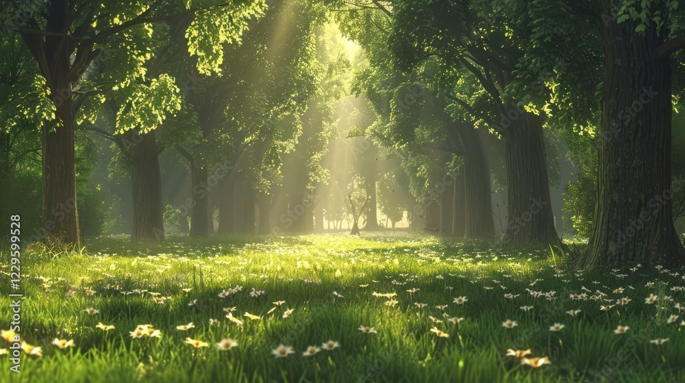 Fototapeta premium Serene forest scene with sunlight filtering through trees, illuminating a meadow of flowers