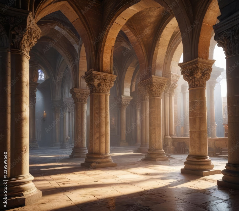 Roman-era arches and columns in the church interior, roman arches, ancient stones Roman-era arches and columns in the church interior, roman arches, ancient stones