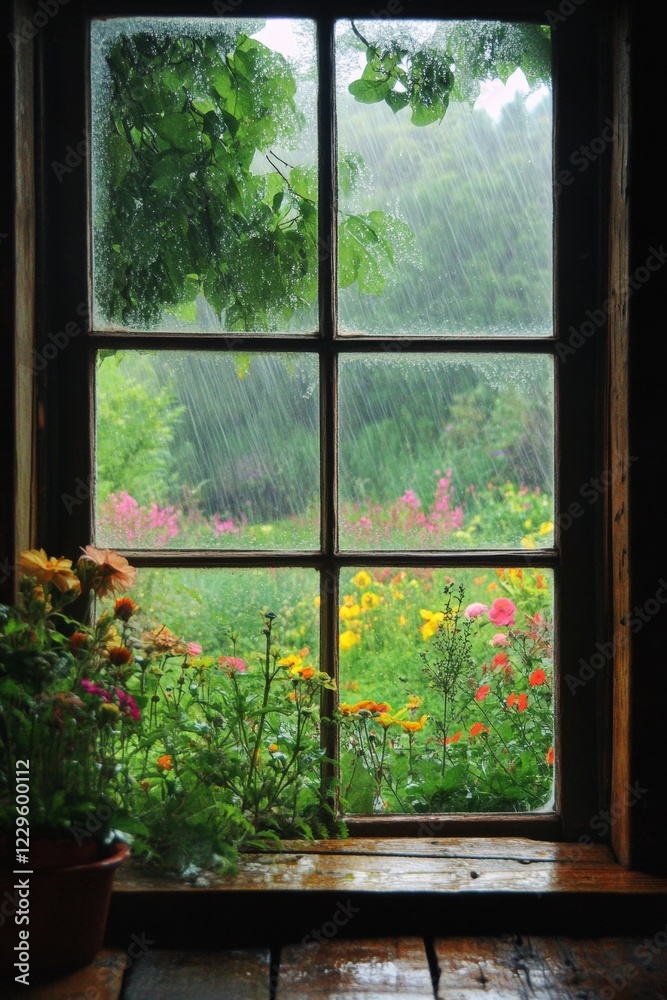 Fototapeta premium Rainy Day Garden View from Rustic Window