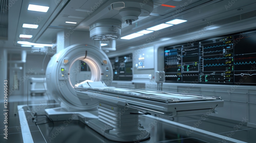 Fototapeta premium Modern medical imaging room featuring an MRI machine, with advanced monitoring systems and sterile environment