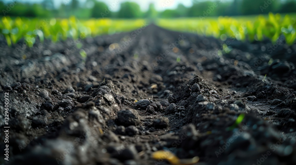 Close-up view of freshly tilled soil with emerging crops in a vibrant agricultural field Close-up view of freshly tilled soil with emerging crops in a vibrant agricultural field