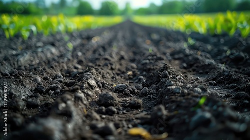 Close-up view of freshly tilled soil with emerging crops in a vibrant agricultural field