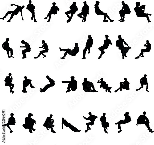 32 png silhouettes of people in sitting postures	
