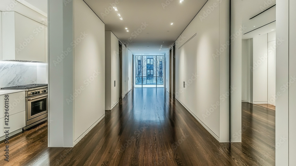 Modern hallway featuring sleek design with wooden flooring and bright lighting in a contemporary building Modern hallway featuring sleek design with wooden flooring and bright lighting in a contemporary building
