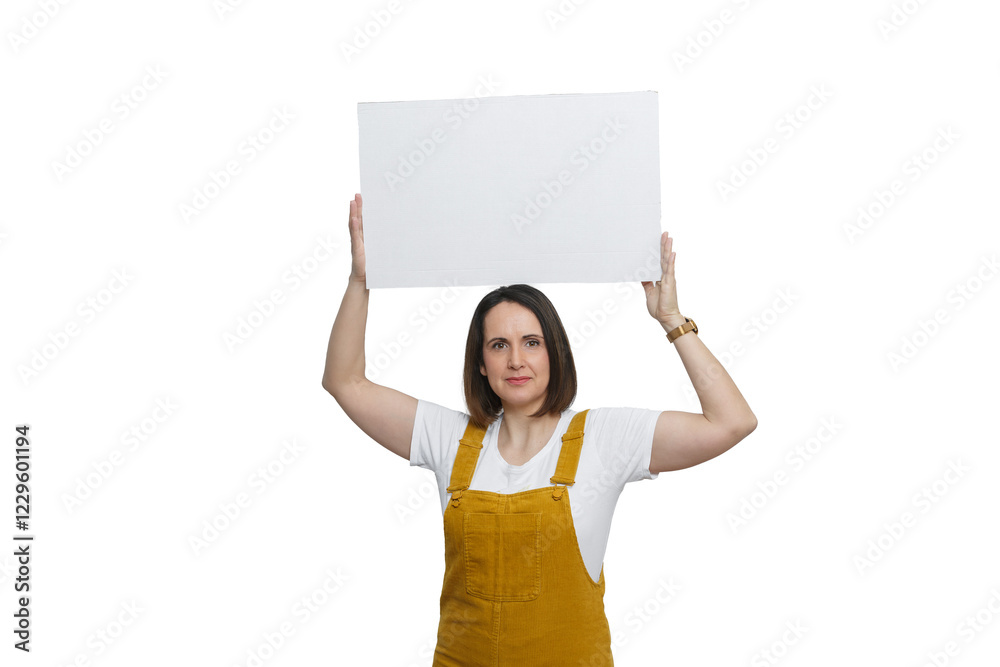 Woman in yellow overalls holding a blank sign ideal for customizable messages in a bright setting Woman in yellow overalls holding a blank sign ideal for customizable messages in a bright setting
