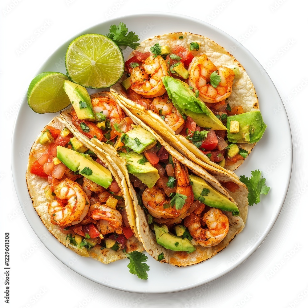A plate of spicy shrimp tacos with avocado and lime, isolated white background, hyperrealism art style A plate of spicy shrimp tacos with avocado and lime, isolated white background, hyperrealism art style