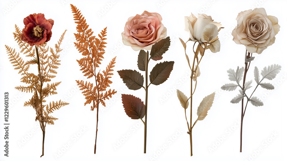Fototapeta premium clipart set featuring rustic wildflowers, muted roses, and dried fern leaves,