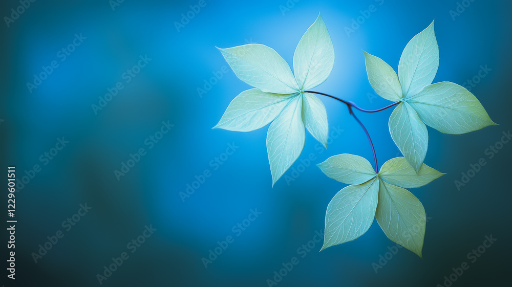 Serene Teal Leaves: Three delicate, pale teal leaves on a slender branch, artfully arranged against a soft, blurred teal background. A minimalist image evoking tranquility and natural beauty. Serene Teal Leaves: Three delicate, pale teal leaves on a slender branch, artfully arranged against a soft, blurred teal background. A minimalist image evoking tranquility and natural beauty.