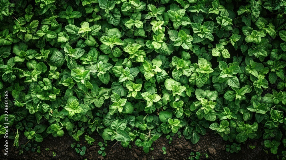 Lush green mint leaves growing densely in a garden bed, showcasing vibrant foliage and soil Lush green mint leaves growing densely in a garden bed, showcasing vibrant foliage and soil