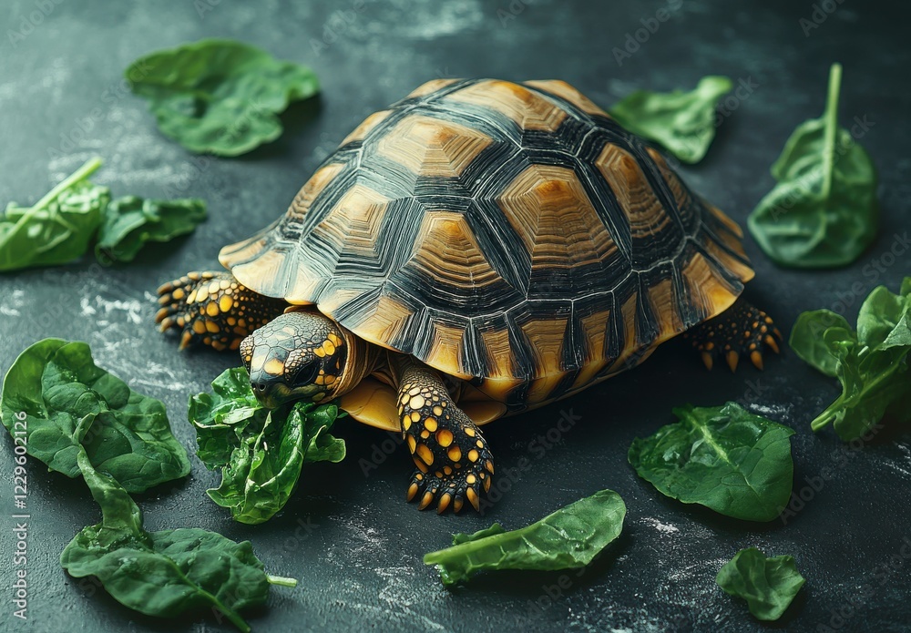Close-up of a Beautiful Turtle Feasting on Fresh Spinach Leaves on a Dark Surface with Natural Lighting and Soft Shadows for Nature Lovers Close-up of a Beautiful Turtle Feasting on Fresh Spinach Leaves on a Dark Surface with Natural Lighting and Soft Shadows for Nature Lovers