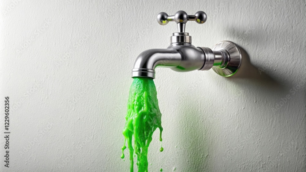 slime dripping from a faucet on a white wall, isolated room, abstract pattern, slimy texture, single drop, dripping slime