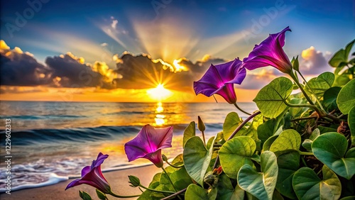 Coastal sunrise silhouettes: Beach Morning Glories (Ipomoea pes-caprae) frame a vibrant ocean sunset. photo