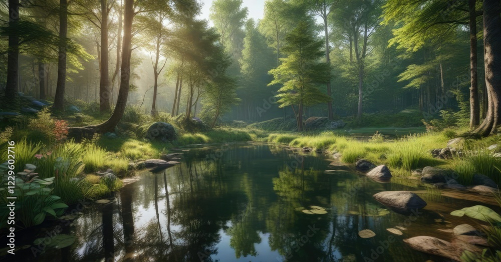 Obraz premium small pond in a forest with greeny surroundings, trees, forest