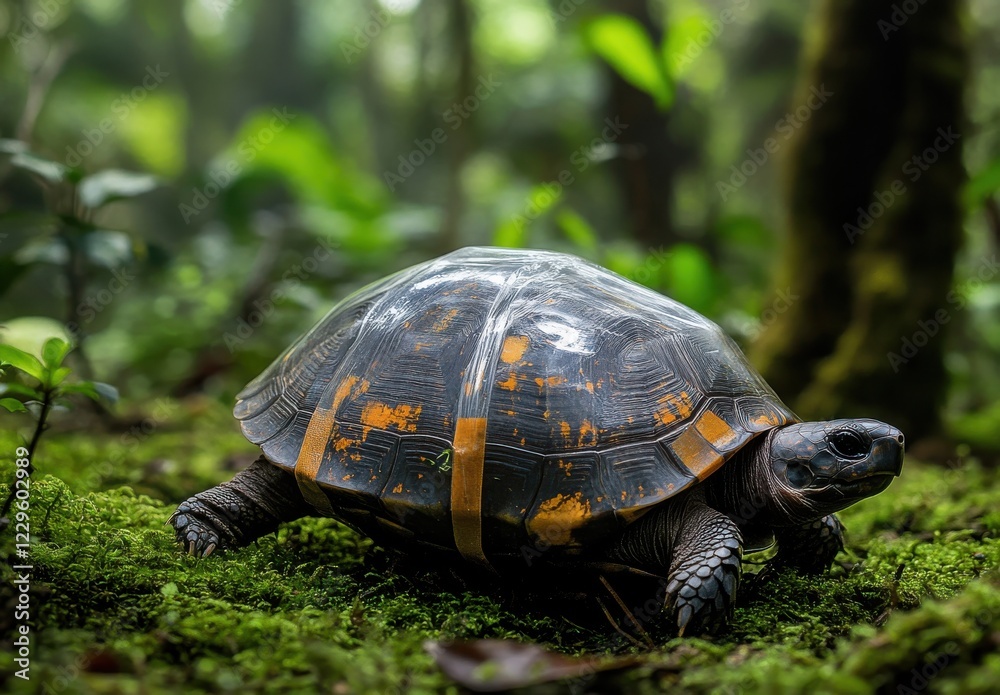 Close-Up of a Colorful Turtle Crawling on Moss in a Lush Forest, Capturing the Natural Beauty and Serenity of Tropical Wildlife in Its Habitat Close-Up of a Colorful Turtle Crawling on Moss in a Lush Forest, Capturing the Natural Beauty and Serenity of Tropical Wildlife in Its Habitat