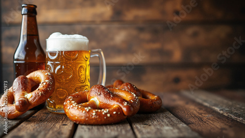 Vibrant Oktoberfest Food Menu with Bavarian Pretzels, Beer, and Rustic Wooden Table for Promotional Materials and Event Invitations photo