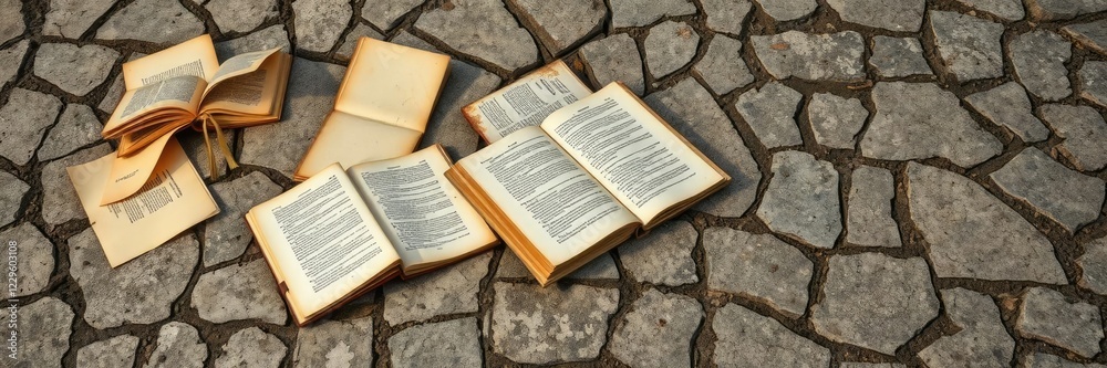 Obraz premium Dusty tomes sprawl across the cracked stone floor, as if abandoned in a hurry, with yellowed pages fluttering gently in the breeze, wooden shelves, aged