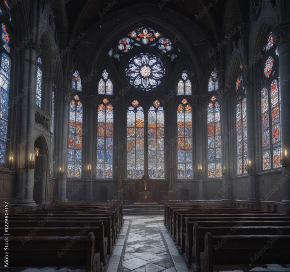 Fototapeta premium Snow-covered church with stained glass windows, church, stained glass, snow