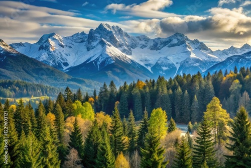 Snow-capped mountains in the background with a gentle forest landscape and a few trees in the foreground, wilderness, earthy tones