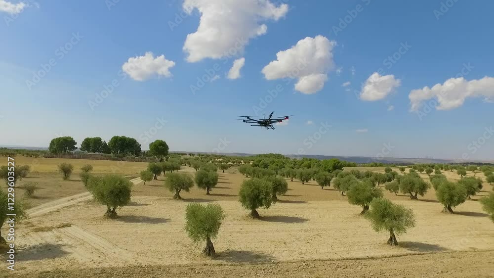 Vista orbital de dron de gran capacidad en vuelo sobre un campo de olivos
