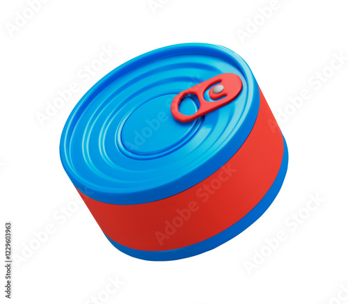 3d can of food for a hike. Canned food icon. Red and blue colors. Stock vector illustration on isolated background.
