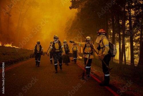 Firefighters discussing tactics in wildfire in dense smoke photo