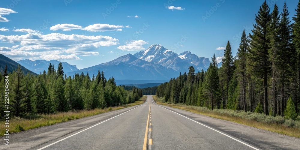 Empty stretch of asphalt road running parallel to a mountain range with a clear blue sky above and pine trees in the foreground, road to nowhere, asphalt road, mountain view Empty stretch of asphalt road running parallel to a mountain range with a clear blue sky above and pine trees in the foreground, road to nowhere, asphalt road, mountain view