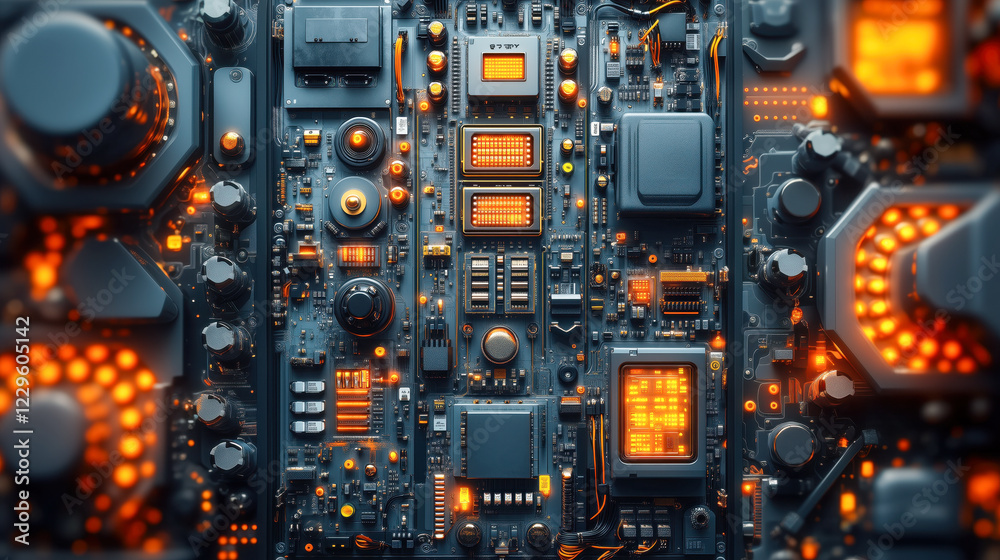 Fototapeta premium High-tech electronic circuit board with glowing components and futuristic design
