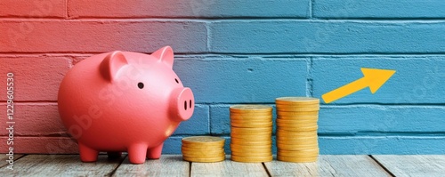 Pink piggy bank and stacks of gold coins growing against a red and blue brick wall background. photo