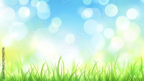 Beautiful sunny spring meadow with green grass and blue sky. Abstract background with light bokeh and space for text