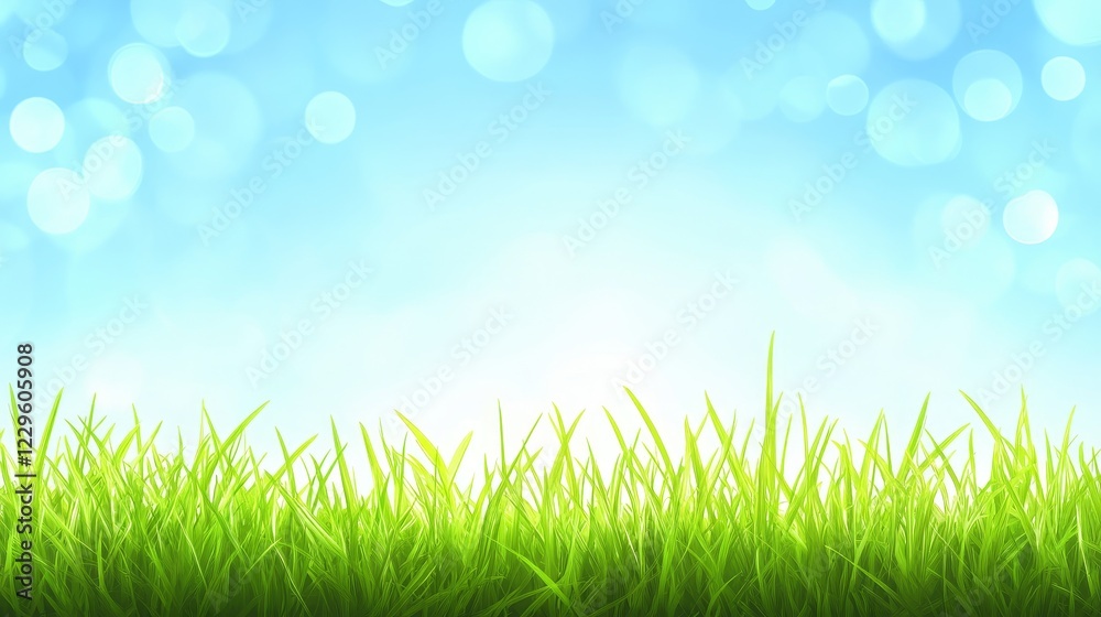 Fototapeta premium Beautiful sunny spring meadow with green grass and blue sky. Abstract background with light bokeh and space for text