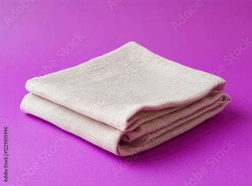 Photograph of a folded beige linen napkin on a purple background, front view. Stock photo contest winner,