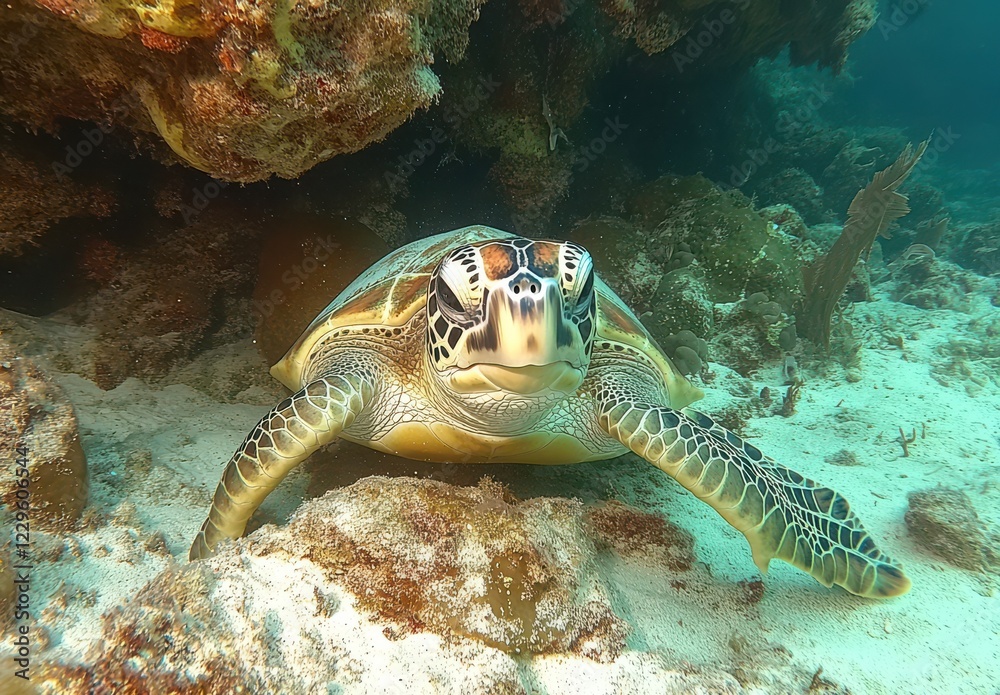 Close-Up of a Majestic Sea Turtle Swimming Peacefully Underwater in Coral Reef Environment with Vibrant Marine Life Surroundings Close-Up of a Majestic Sea Turtle Swimming Peacefully Underwater in Coral Reef Environment with Vibrant Marine Life Surroundings