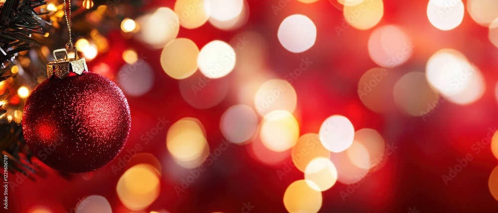 Christmas ornament hanging on tree with blurred bokeh lights in red and gold. Festive decorations create a warm holiday atmosphere and seasonal cheer. Christmas ornament hanging on tree with blurred bokeh lights in red and gold. Festive decorations create a warm holiday atmosphere and seasonal cheer.