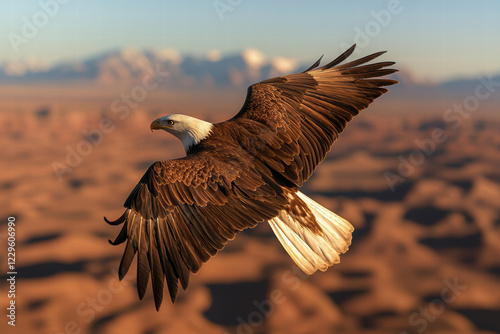 Majestic eagle soaring over vast desert landscape, showcasing its powerful wings