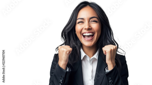 Woman celebrating success in a professional setting with a joyful expression