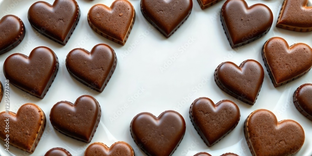 Plate of heart-shaped chocolate cookies arranged in a pattern, baked goods, dessert styling
