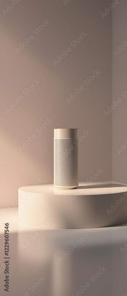 Product showcase with soft gray background and warm lighting creating long shadows on a minimalist table, beautiful lights, shadows, simple design