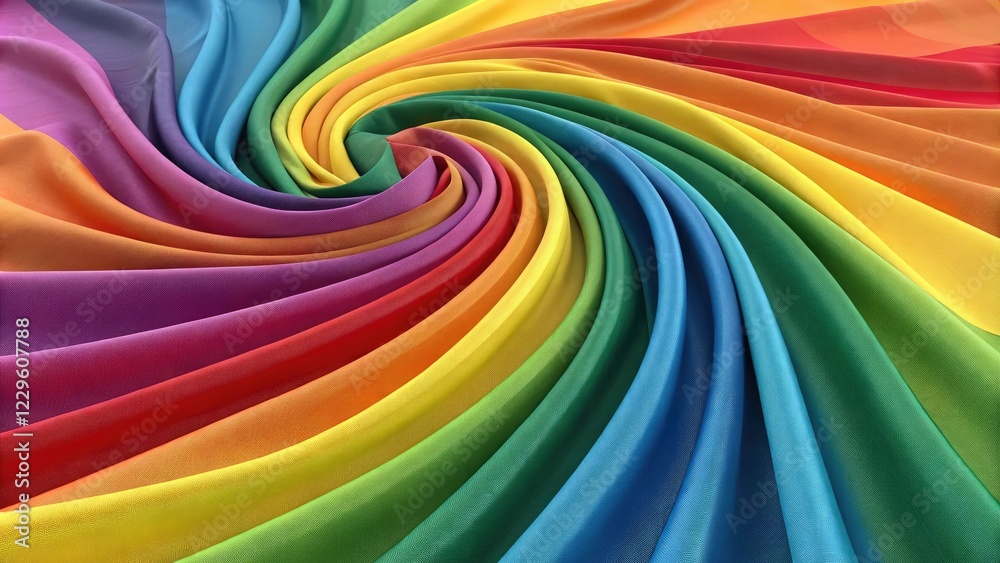 Rainbow-colored fabric swirled into an undulating wave pattern, iridescent fabrics, visual effects Rainbow-colored fabric swirled into an undulating wave pattern, iridescent fabrics, visual effects
