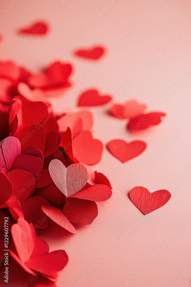 Colorful paper hearts scattered on a pink background for Valentines Day celebration, romantic decorations, love theme, childrens crafts, or wedding planning. Colorful paper hearts scattered on a pink background for Valentines Day celebration, romantic decorations, love theme, childrens crafts, or wedding planning.