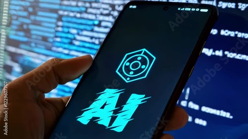 Smartphone screen, glowing AI logo, neon blue text, digital code background, hand holding device, technology concept