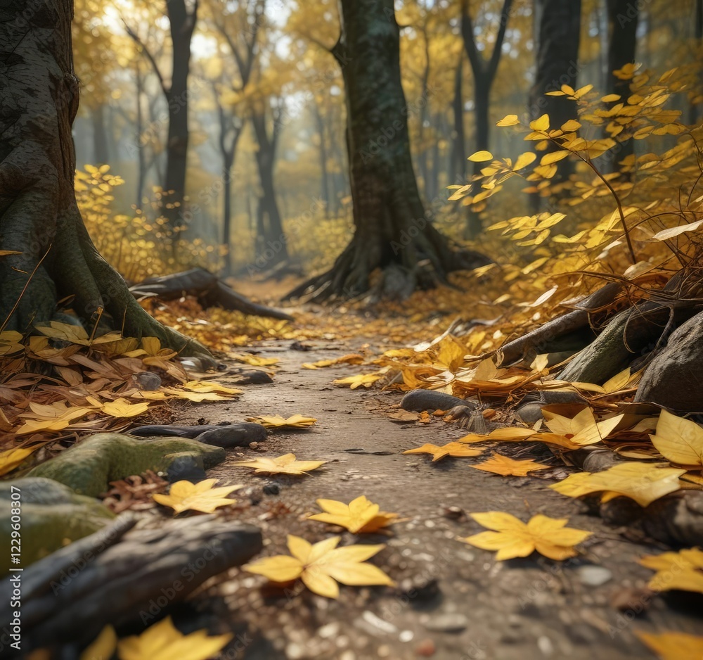 Forest floor covered in golden leaves and twigs, leaves, autumn colours, woods Forest floor covered in golden leaves and twigs, leaves, autumn colours, woods